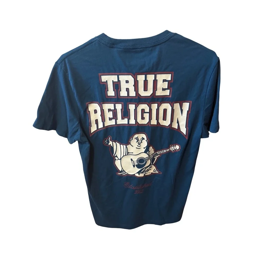 True Religion Blue T Shirt Buddha Guitar Graphic Short Sleeve Crew Neck-‎ small